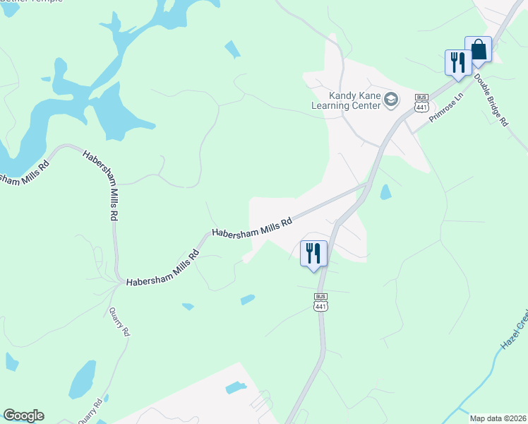 map of restaurants, bars, coffee shops, grocery stores, and more near 525 Habersham Mills Road in Clarkesville