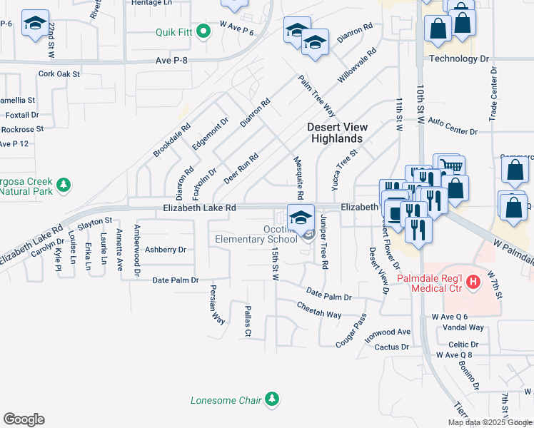 map of restaurants, bars, coffee shops, grocery stores, and more near 1511 Tigertail Court in Palmdale