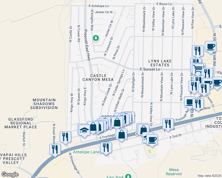 map of restaurants, bars, coffee shops, grocery stores, and more near 3003 North Date Creek Drive in Prescott Valley