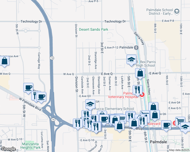 map of restaurants, bars, coffee shops, grocery stores, and more near 232 East Avenue Q in Palmdale