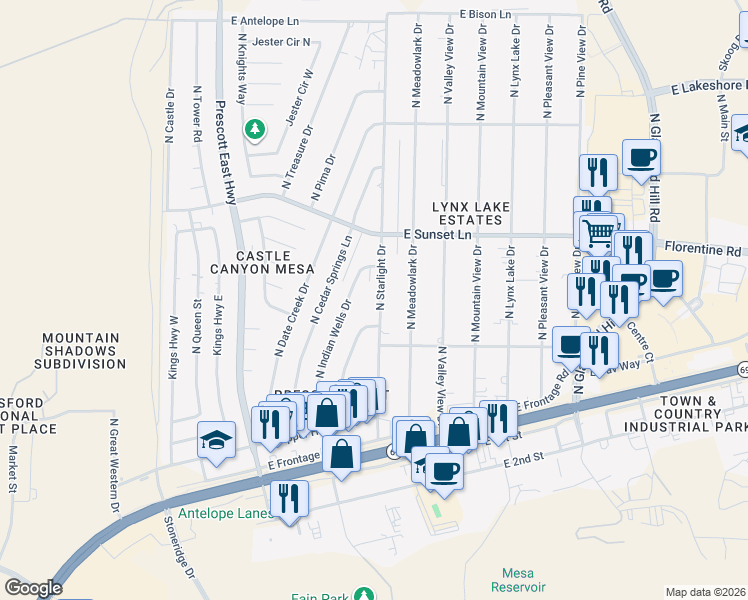 map of restaurants, bars, coffee shops, grocery stores, and more near 3040 North Starlight Drive in Prescott Valley