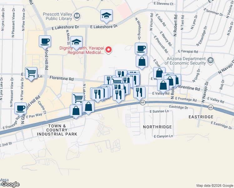 map of restaurants, bars, coffee shops, grocery stores, and more near 7720 East State Route 69 in Prescott Valley