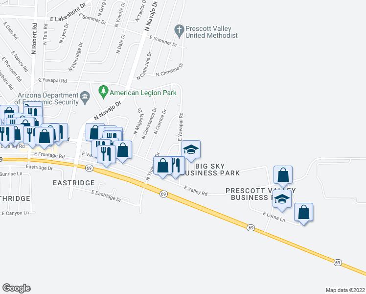 map of restaurants, bars, coffee shops, grocery stores, and more near 3033 North Yavapai Road East in Prescott Valley