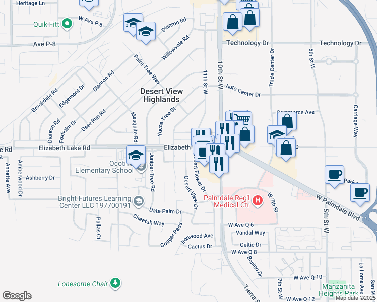 map of restaurants, bars, coffee shops, grocery stores, and more near 38748 Desert View Drive in Palmdale