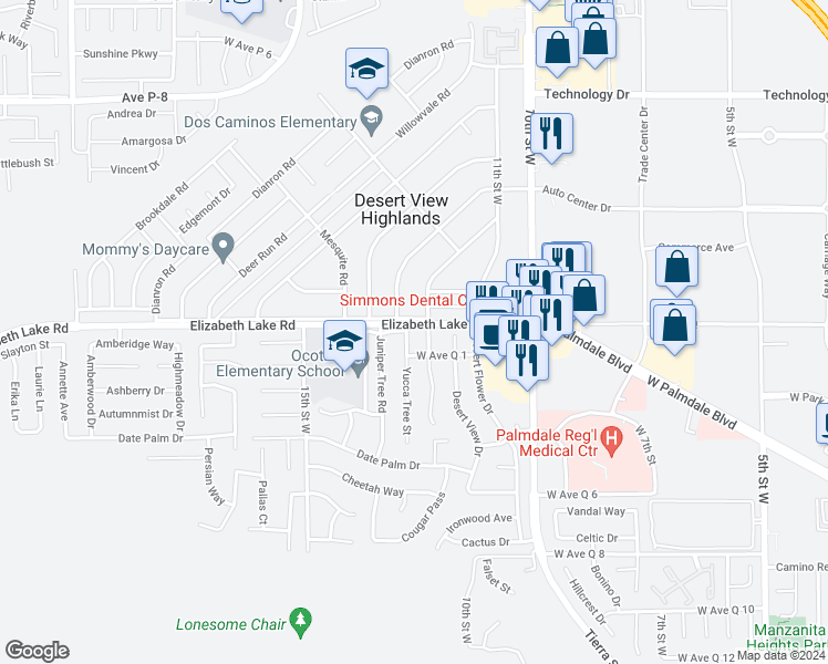 map of restaurants, bars, coffee shops, grocery stores, and more near 38756 Yucca Tree Street in Palmdale
