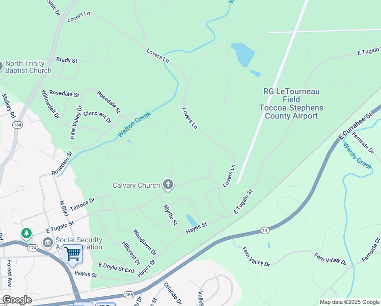 map of restaurants, bars, coffee shops, grocery stores, and more near 348 Cross Creek Lane in Toccoa