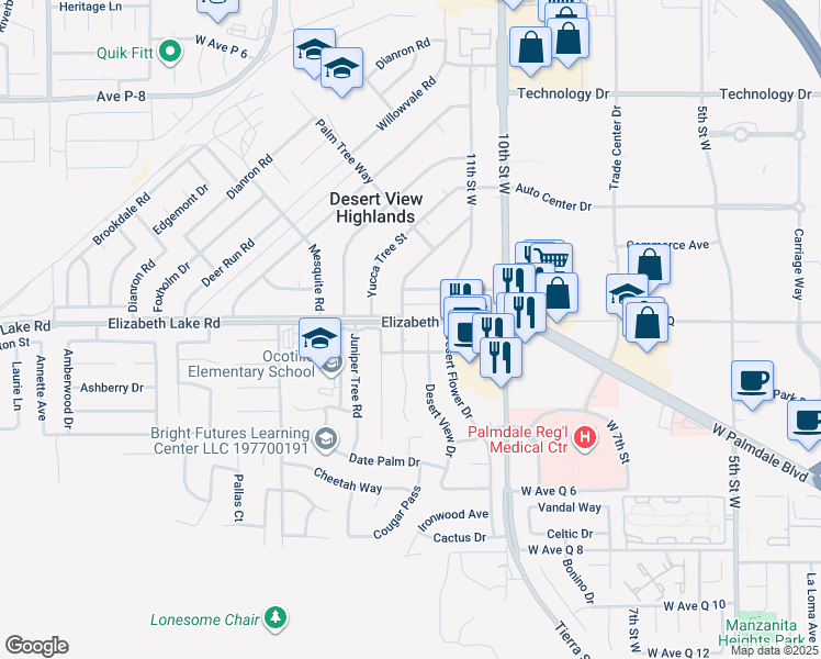 map of restaurants, bars, coffee shops, grocery stores, and more near 38756 Sage Tree Street in Palmdale