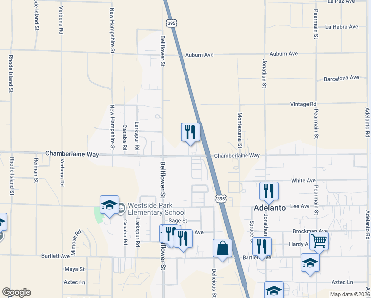 map of restaurants, bars, coffee shops, grocery stores, and more near 11382 Chamberlaine Way in Adelanto