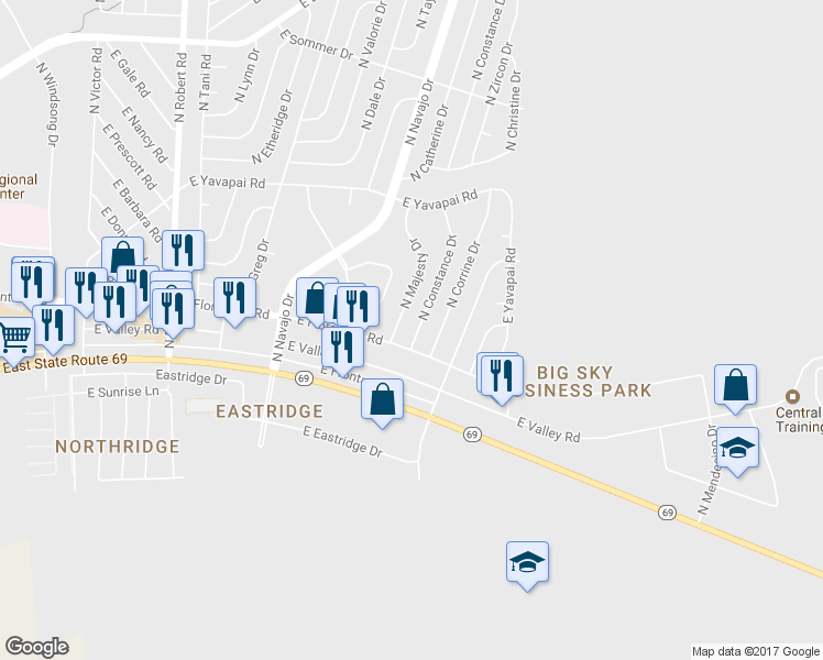 map of restaurants, bars, coffee shops, grocery stores, and more near 3028 North Constance Drive in Prescott Valley