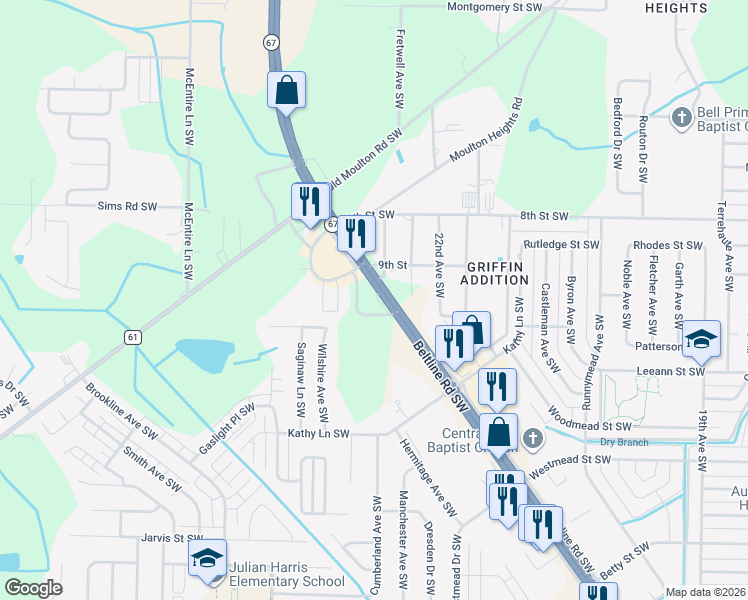 map of restaurants, bars, coffee shops, grocery stores, and more near 2245 Beltline Road Southwest in Decatur