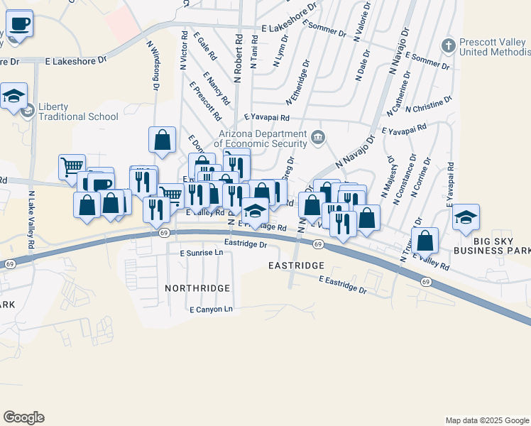 map of restaurants, bars, coffee shops, grocery stores, and more near 3031 North Cochise Drive in Prescott Valley