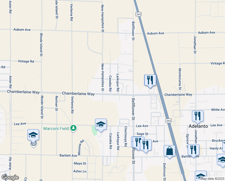 map of restaurants, bars, coffee shops, grocery stores, and more near 18505 Casaba Road in Adelanto
