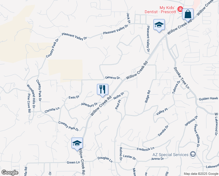 map of restaurants, bars, coffee shops, grocery stores, and more near 2537 Powell Circle in Prescott