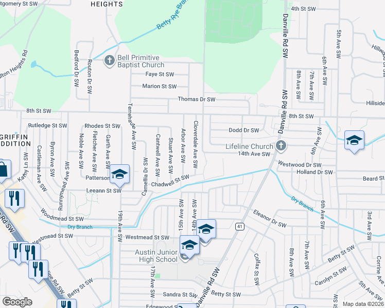 map of restaurants, bars, coffee shops, grocery stores, and more near 1306 Arbor Avenue Southwest in Decatur