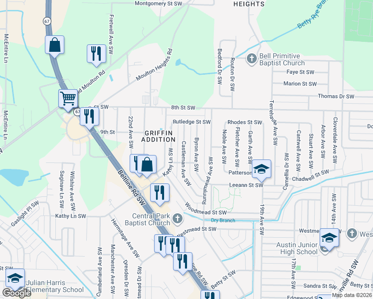 map of restaurants, bars, coffee shops, grocery stores, and more near 1216 Castleman Avenue Southwest in Decatur