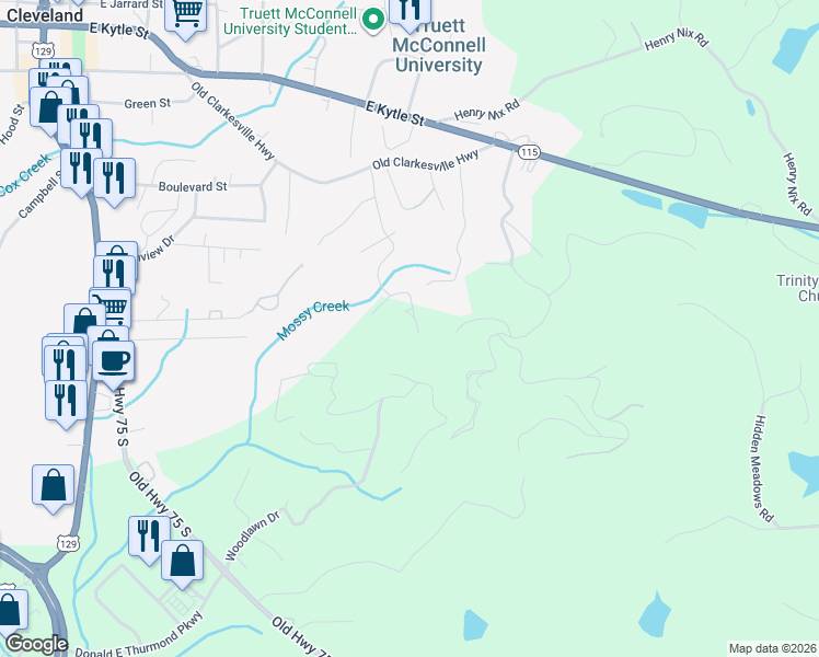 map of restaurants, bars, coffee shops, grocery stores, and more near 415 Leafview Drive in Cleveland