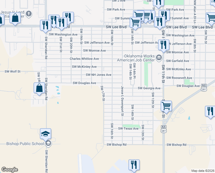 map of restaurants, bars, coffee shops, grocery stores, and more near 1513 Southwest Georgia Avenue in Lawton