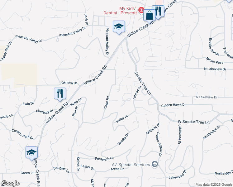 map of restaurants, bars, coffee shops, grocery stores, and more near 445 Buckskin Road in Prescott