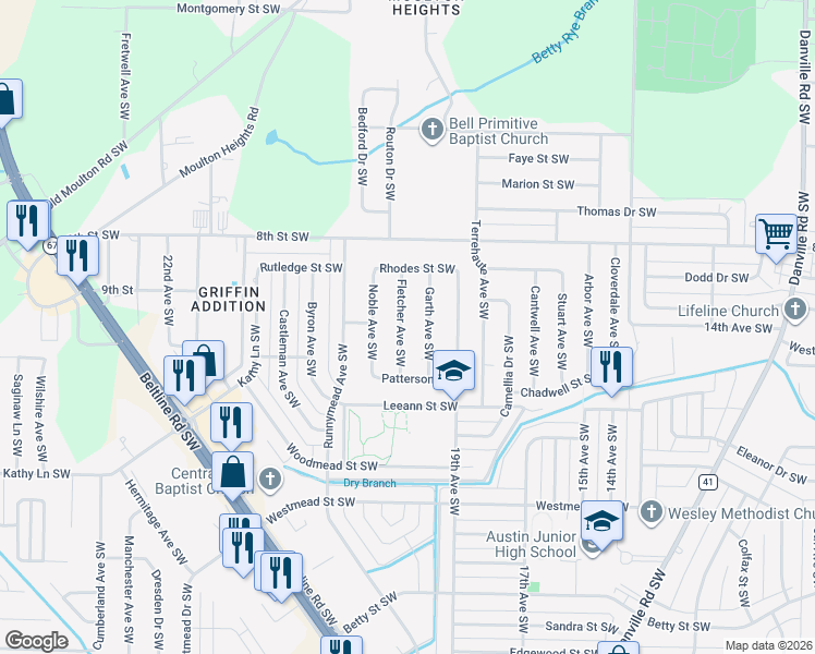 map of restaurants, bars, coffee shops, grocery stores, and more near 1302 Fletcher Avenue Southwest in Decatur