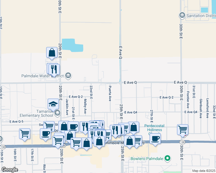 map of restaurants, bars, coffee shops, grocery stores, and more near 38751 Puerta Avenue in Palmdale