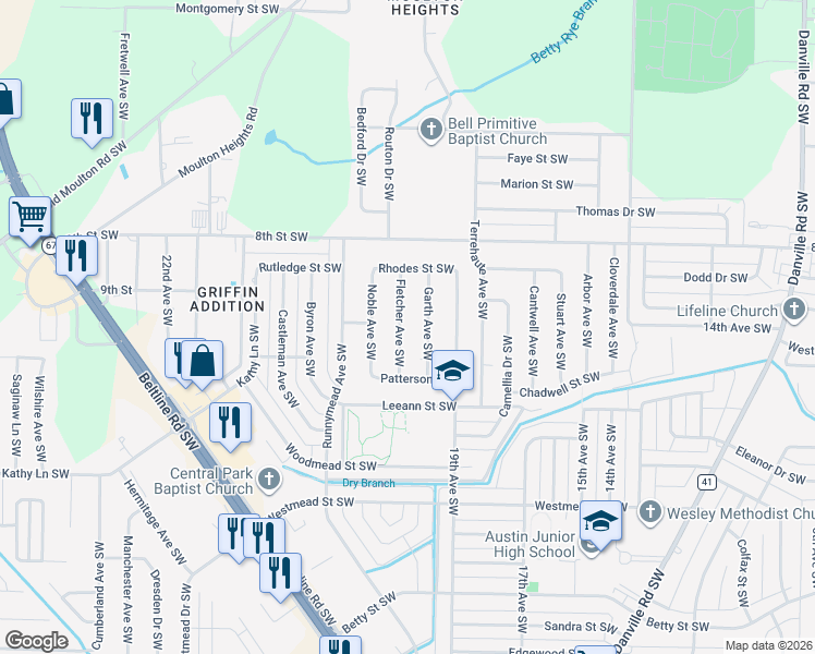 map of restaurants, bars, coffee shops, grocery stores, and more near 1302 Fletcher Avenue Southwest in Decatur
