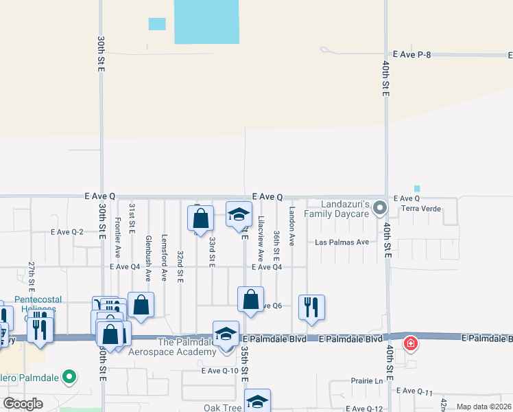 map of restaurants, bars, coffee shops, grocery stores, and more near 38751 Lilacview Avenue in Palmdale