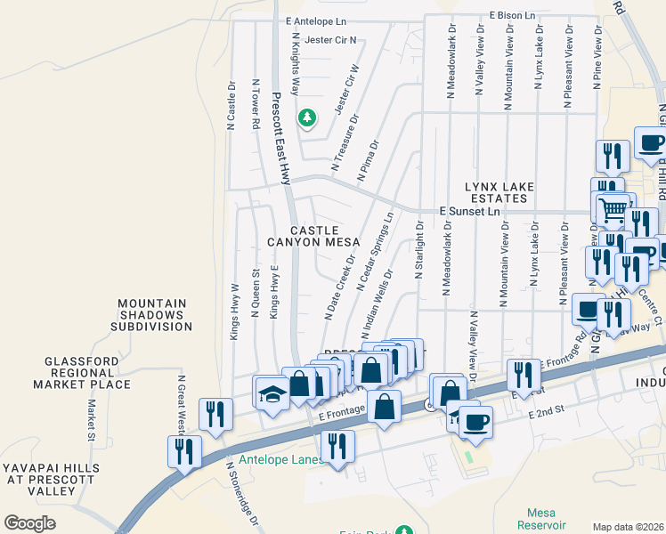 map of restaurants, bars, coffee shops, grocery stores, and more near 3003 North Date Creek Drive in Prescott Valley