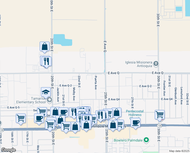 map of restaurants, bars, coffee shops, grocery stores, and more near 38751 Puerta Avenue in Palmdale