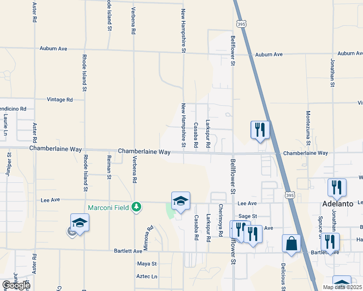 map of restaurants, bars, coffee shops, grocery stores, and more near 11092 Chamberlaine Way in Adelanto