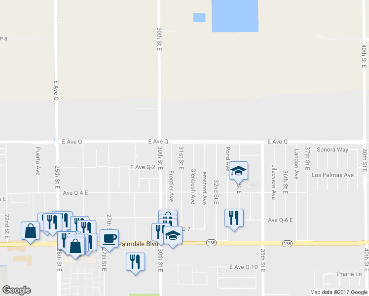 map of restaurants, bars, coffee shops, grocery stores, and more near 38750 31st Street East in Palmdale
