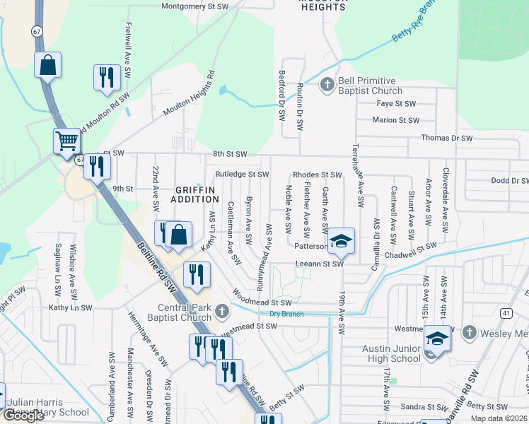 map of restaurants, bars, coffee shops, grocery stores, and more near 1301 Runnymead Avenue Southwest in Decatur