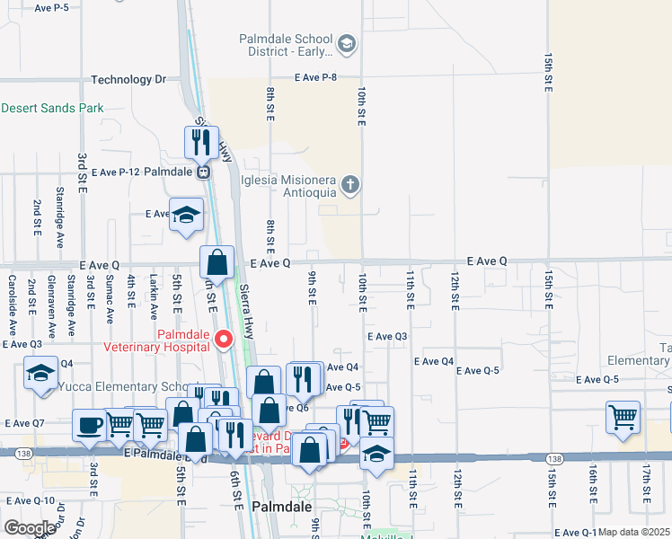 map of restaurants, bars, coffee shops, grocery stores, and more near 938 East Avenue Q in Palmdale