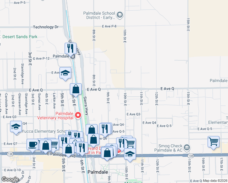 map of restaurants, bars, coffee shops, grocery stores, and more near 938 East Avenue Q in Palmdale