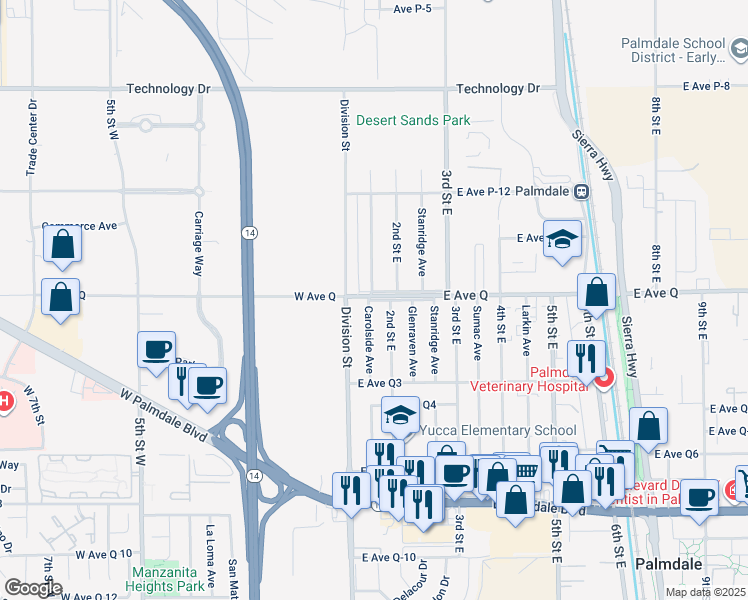 map of restaurants, bars, coffee shops, grocery stores, and more near 144 East Avenue Q in Palmdale