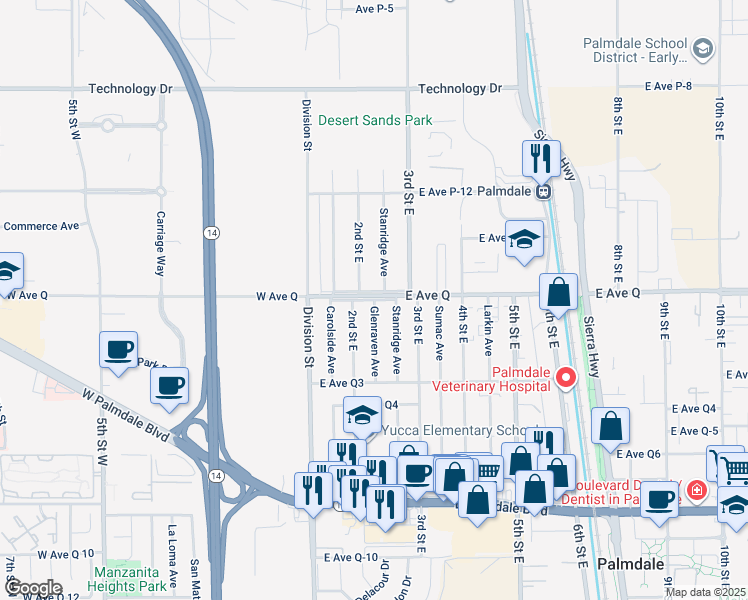 map of restaurants, bars, coffee shops, grocery stores, and more near East Avenue Q in Palmdale