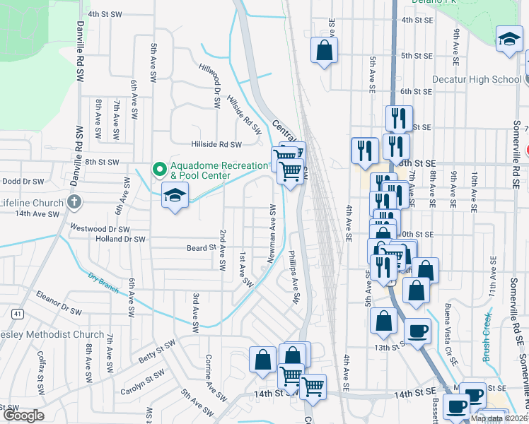 map of restaurants, bars, coffee shops, grocery stores, and more near 115 Daniel Street Southwest in Decatur