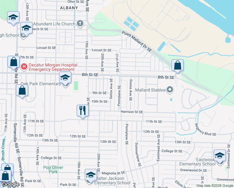 map of restaurants, bars, coffee shops, grocery stores, and more near 1302 Seton Avenue Southeast in Decatur