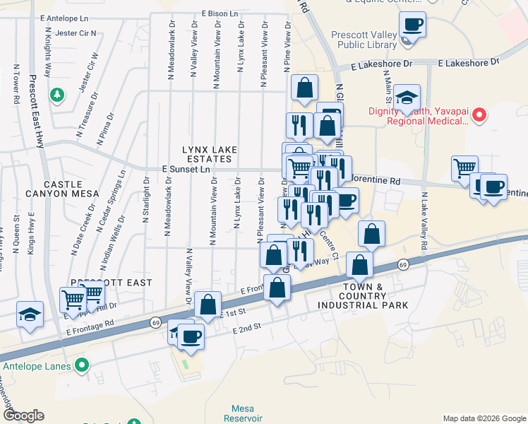 map of restaurants, bars, coffee shops, grocery stores, and more near 3049 North Pleasant View Drive in Prescott Valley