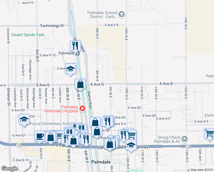map of restaurants, bars, coffee shops, grocery stores, and more near 2 East Avenue Q in Palmdale
