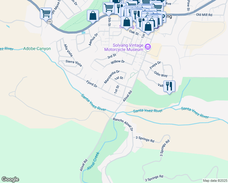 map of restaurants, bars, coffee shops, grocery stores, and more near 1670 1st Court in Solvang