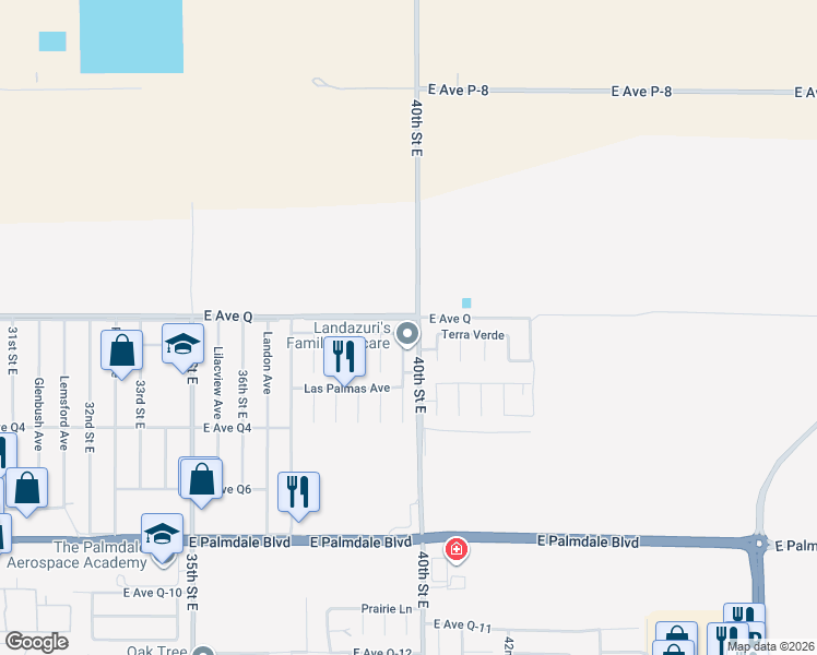 map of restaurants, bars, coffee shops, grocery stores, and more near 3851 Sonora Way in Palmdale