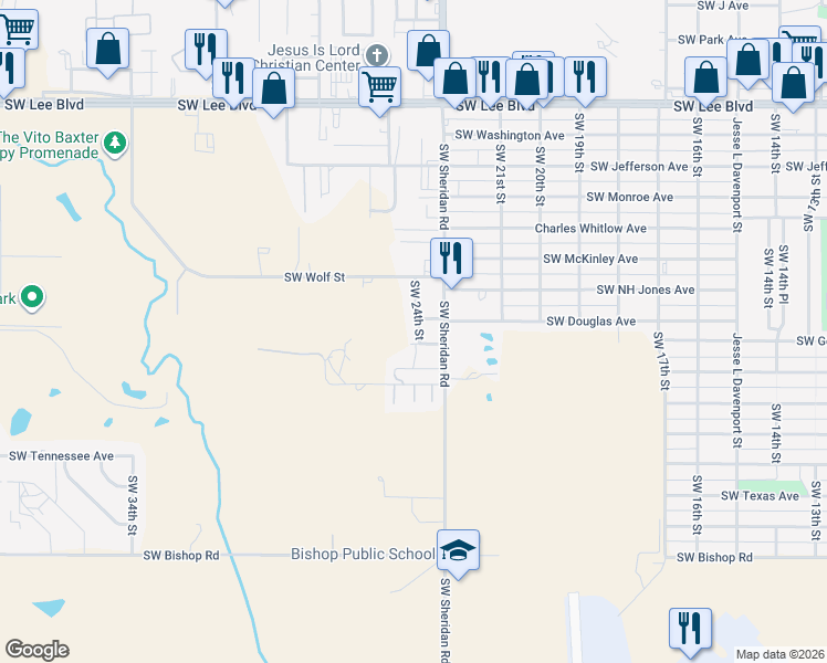 map of restaurants, bars, coffee shops, grocery stores, and more near 1921 Southwest 24th Street in Lawton