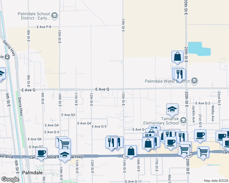 map of restaurants, bars, coffee shops, grocery stores, and more near 1326 East Avenue Q in Palmdale