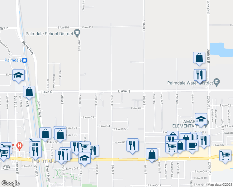map of restaurants, bars, coffee shops, grocery stores, and more near 1218 East Avenue Q in Palmdale