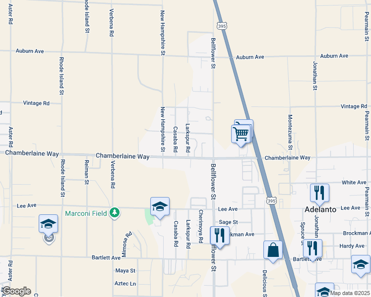 map of restaurants, bars, coffee shops, grocery stores, and more near 18505 Casaba Road in Adelanto