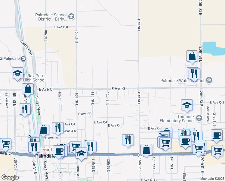 map of restaurants, bars, coffee shops, grocery stores, and more near 1218 East Avenue Q in Palmdale