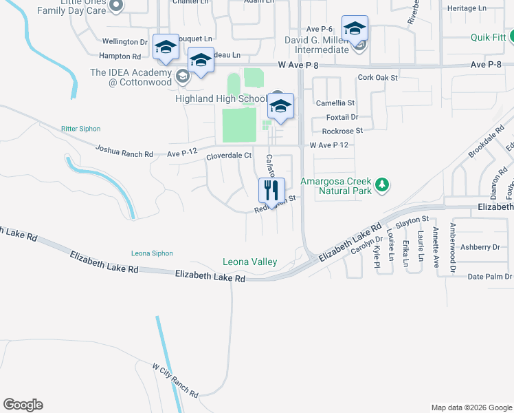 map of restaurants, bars, coffee shops, grocery stores, and more near 2617 Redington Street in Palmdale