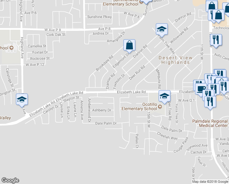 map of restaurants, bars, coffee shops, grocery stores, and more near Elizabeth Lake Road & Foxholm Drive in Desert View Highlands