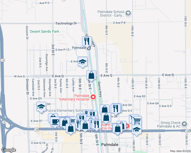 map of restaurants, bars, coffee shops, grocery stores, and more near in Palmdale