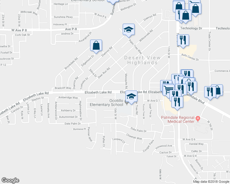 map of restaurants, bars, coffee shops, grocery stores, and more near Elizabeth Lake Road & 15th Street West in Desert View Highlands